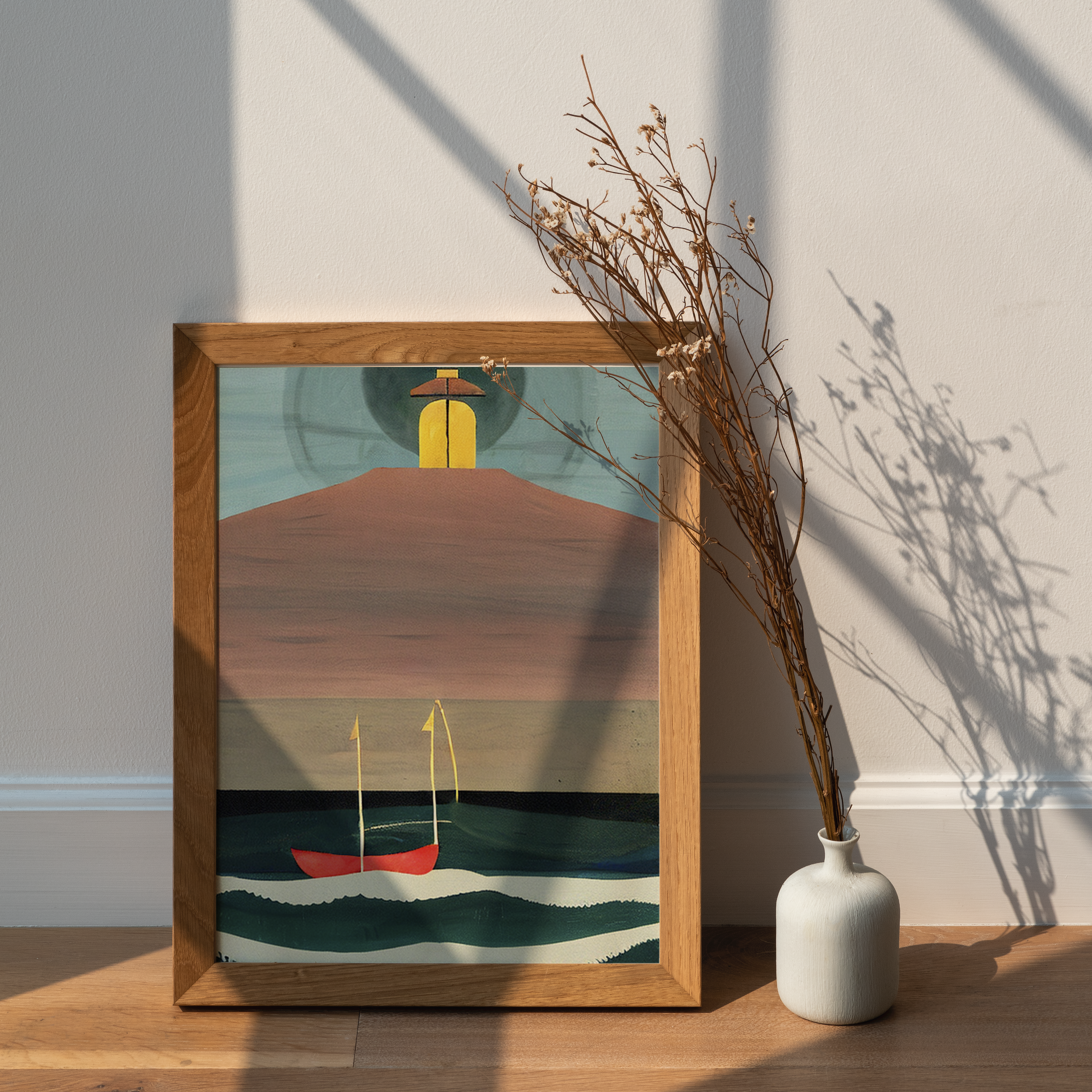 A printed art deco poster of a fishing boat, the poster is leaning against a wall