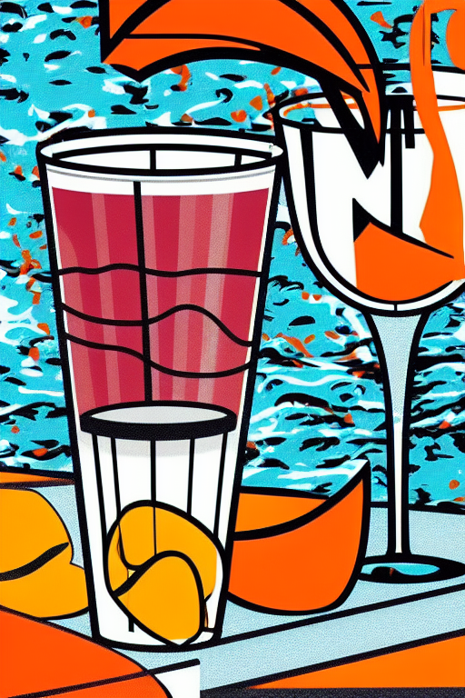 graphic print of negroni garnished with a curled orange peel in a short tumbler glass, next to a swimming pool, pop art by Roy Lichtenstein